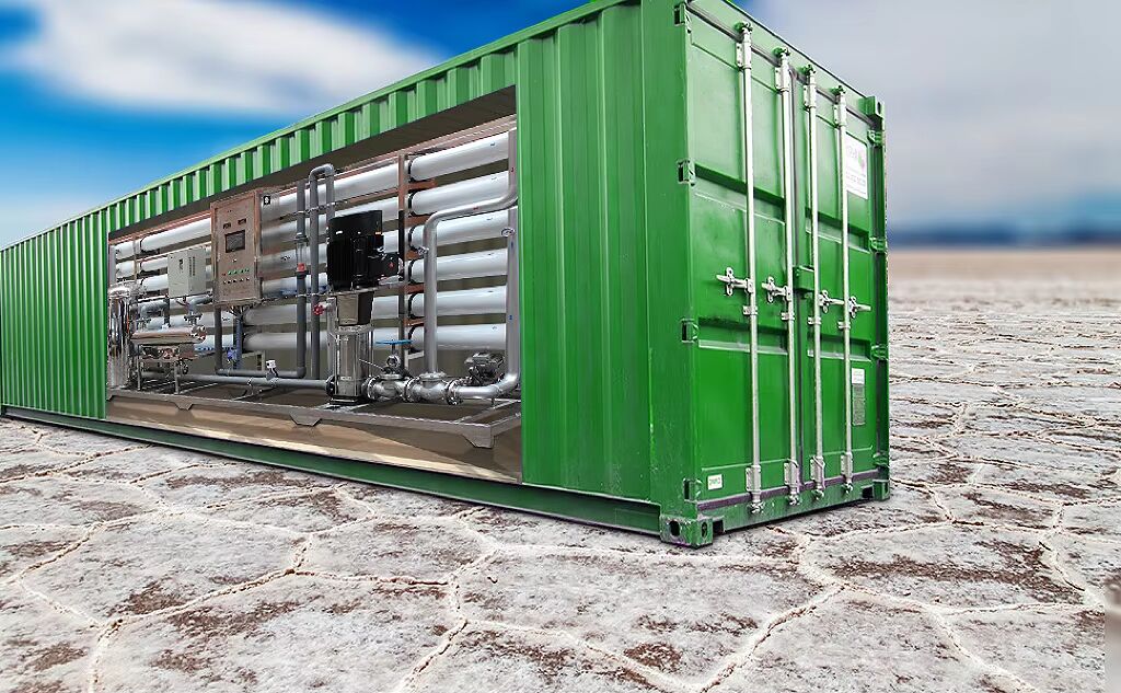 مصنع تحلية المياه في حاويات 40ft نظام التناضح العكسي بما في ذلك مضخة محرك PLC لتنقية مياه البحر المالحة